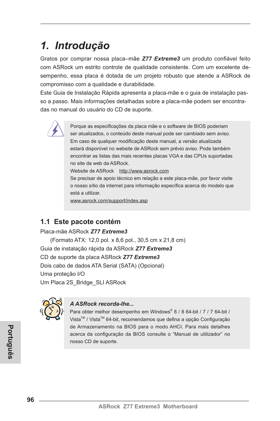 Portuguese, Introdução, 1 este pacote contém | Português | ASRock Z77 Extreme3 User Manual | Page 96 / 169