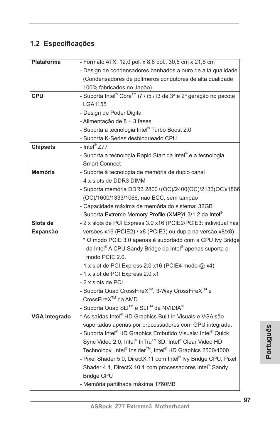 Português 1.2 especificações | ASRock Z77 Extreme3 User Manual | Page 97 / 169