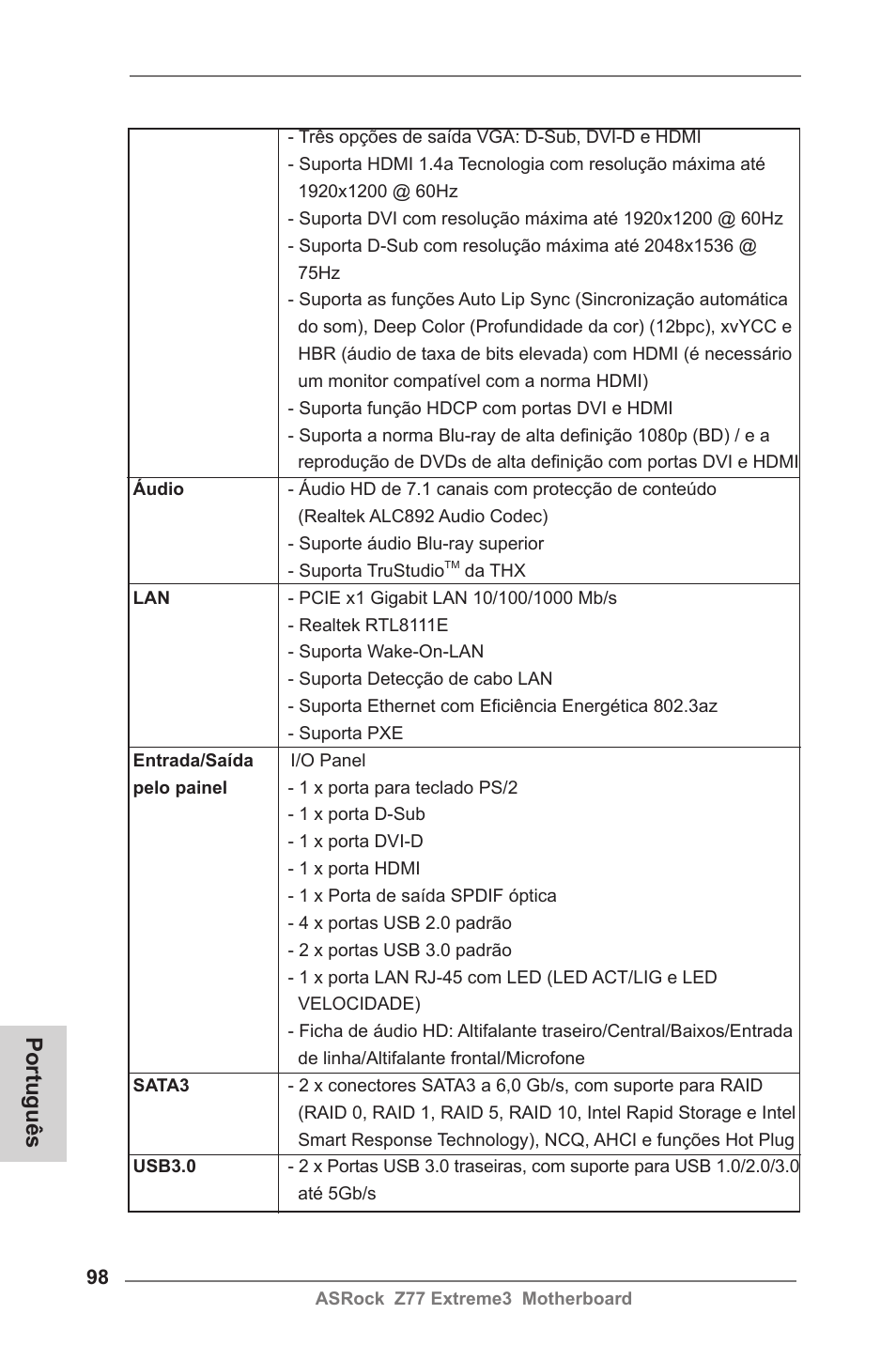 Português | ASRock Z77 Extreme3 User Manual | Page 98 / 169