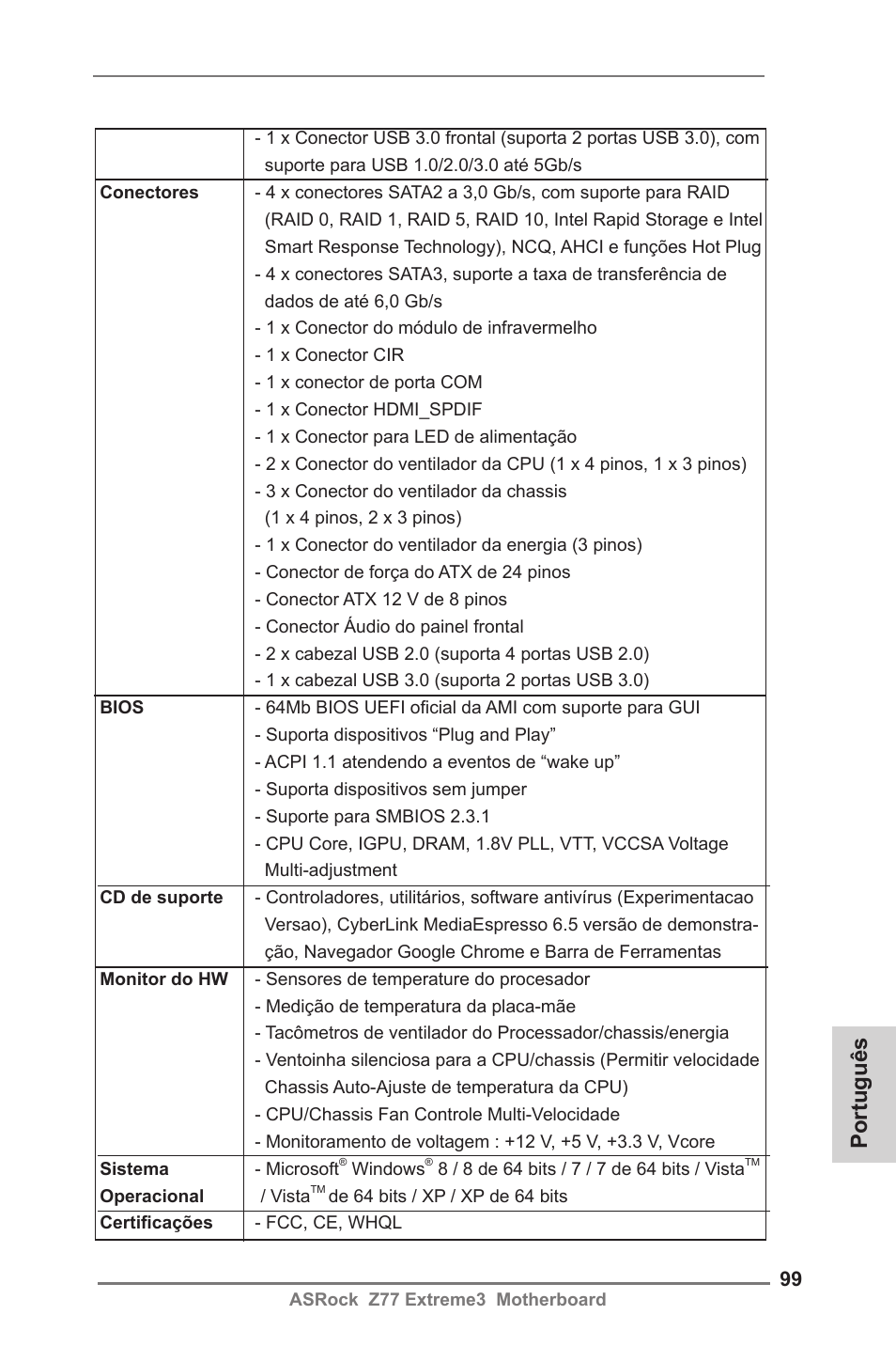 Português | ASRock Z77 Extreme3 User Manual | Page 99 / 169