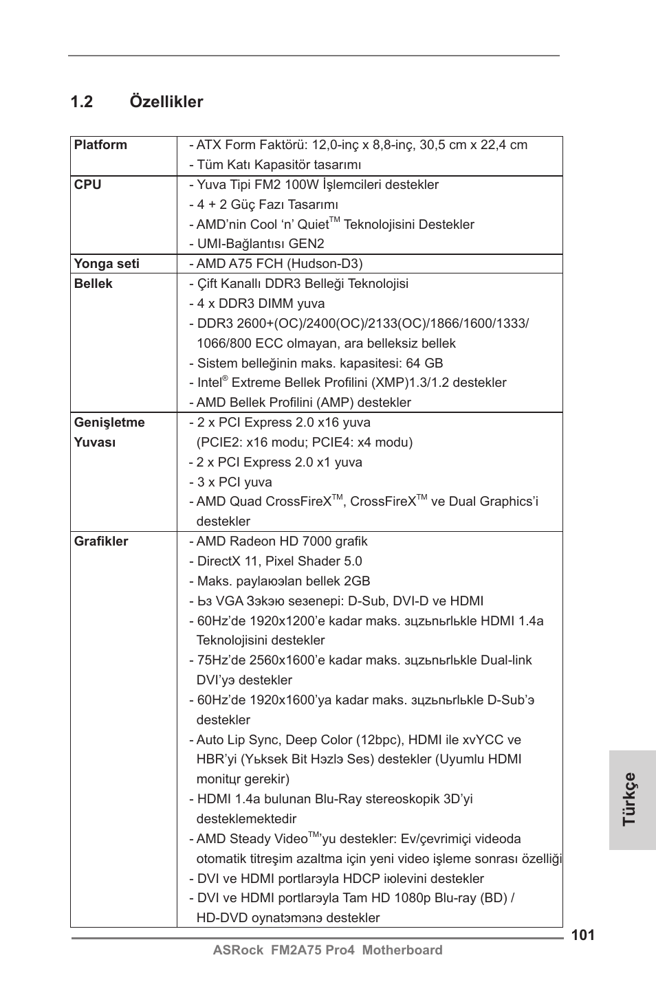 Türkçe 1.2 özellikler | ASRock FM2A75 Pro4 User Manual | Page 101 / 171