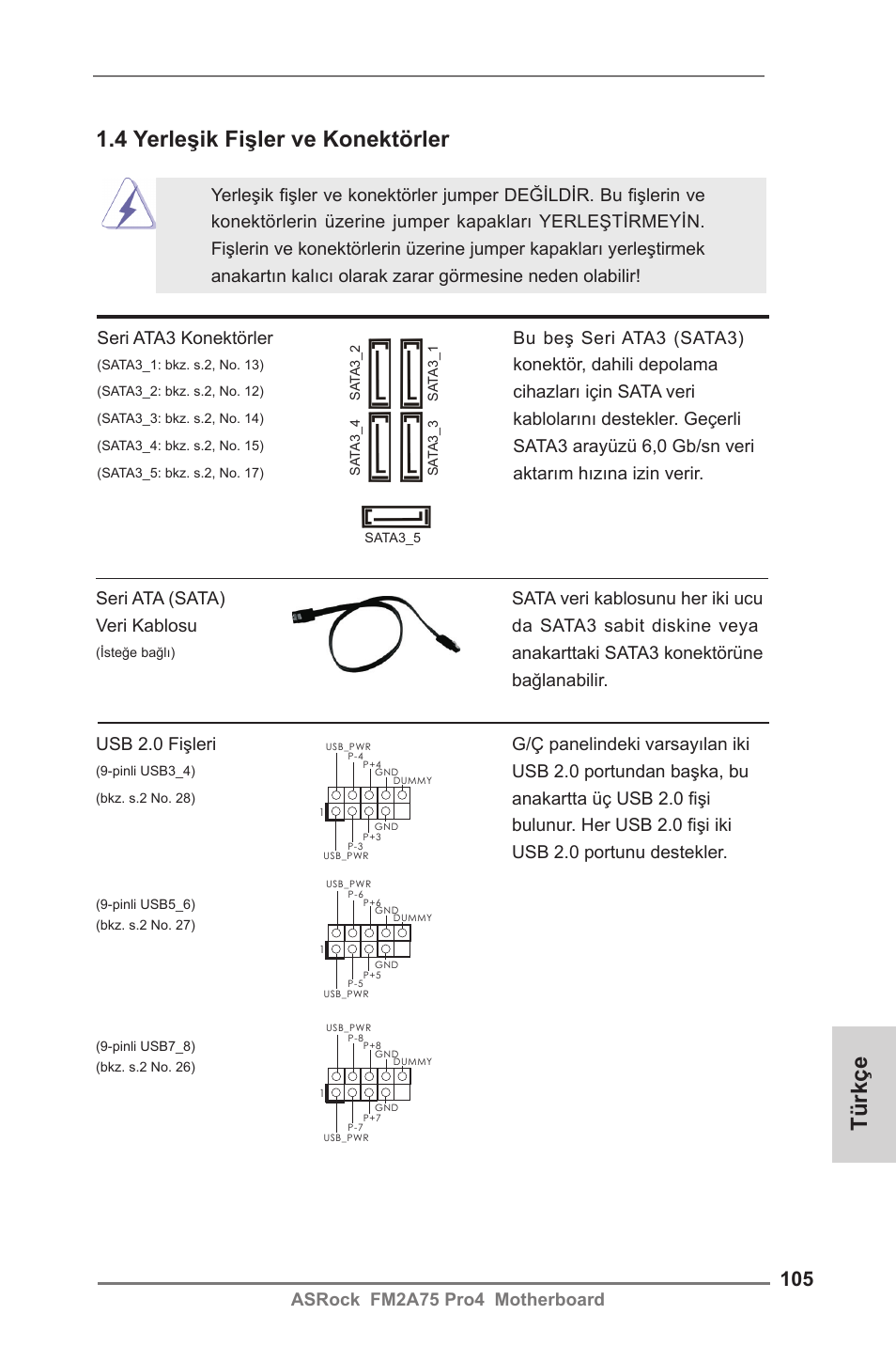 4 yerleşik fişler ve konektörler, Türkçe, Usb 2.0 portundan başka, bu | Seri ata3 konektörler bu beş seri ata3 (sata3), Konektör, dahili depolama, Cihazları için sata veri, Kablolarını destekler. geçerli, Sata3 arayüzü 6,0 gb/sn veri, Anakarttaki sata3 konektörüne bağlanabilir | ASRock FM2A75 Pro4 User Manual | Page 105 / 171