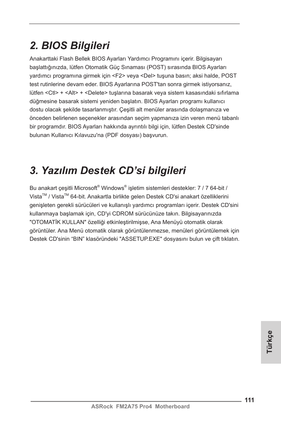 Bios bilgileri, Yazılım destek cd’si bilgileri, Türkçe | ASRock FM2A75 Pro4 User Manual | Page 111 / 171