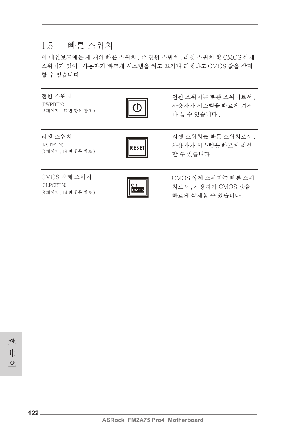 5 빠른 스위치, 한 국 어 | ASRock FM2A75 Pro4 User Manual | Page 122 / 171