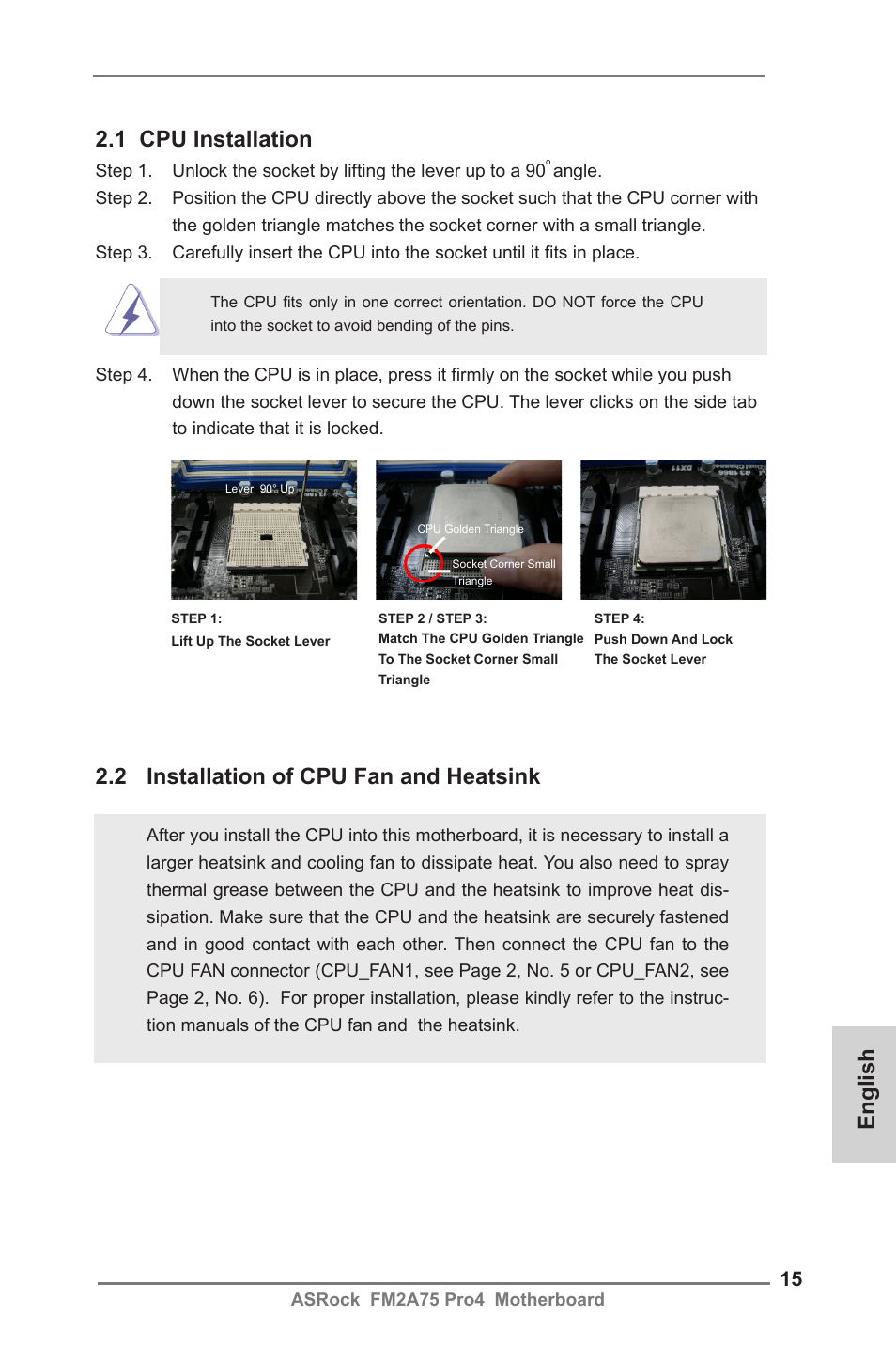 English 2.1 cpu installation, 2 installation of cpu fan and heatsink | ASRock FM2A75 Pro4 User Manual | Page 15 / 171