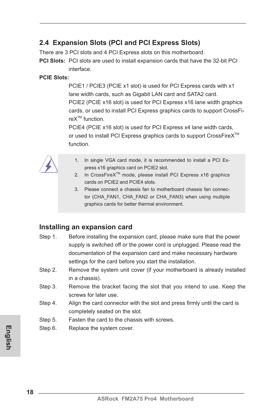 Installing an expansion card | ASRock FM2A75 Pro4 User Manual | Page 18 / 171