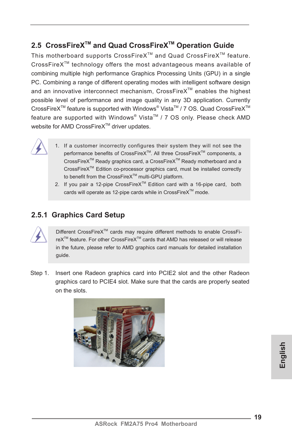 English 2.5 crossfirex, And quad crossfirex, Operation guide | 1 graphics card setup, Asrock fm2a75 pro4 motherboard, This motherboard supports crossfirex, Feature. crossfirex, Feature is supported with windows, Vista, 7 os. quad crossfirex | ASRock FM2A75 Pro4 User Manual | Page 19 / 171