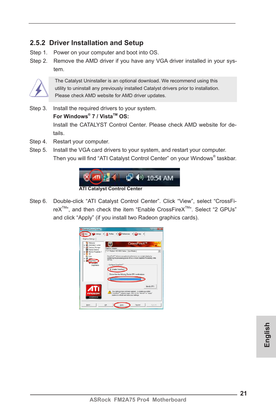 English, 2 driver installation and setup | ASRock FM2A75 Pro4 User Manual | Page 21 / 171