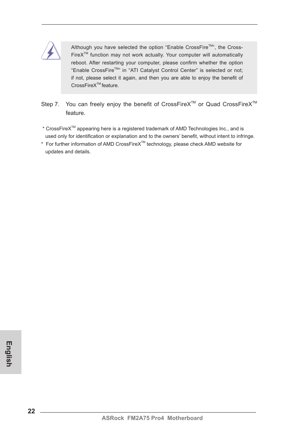 English, Asrock fm2a75 pro4 motherboard, Or quad crossfirex | Feature | ASRock FM2A75 Pro4 User Manual | Page 22 / 171