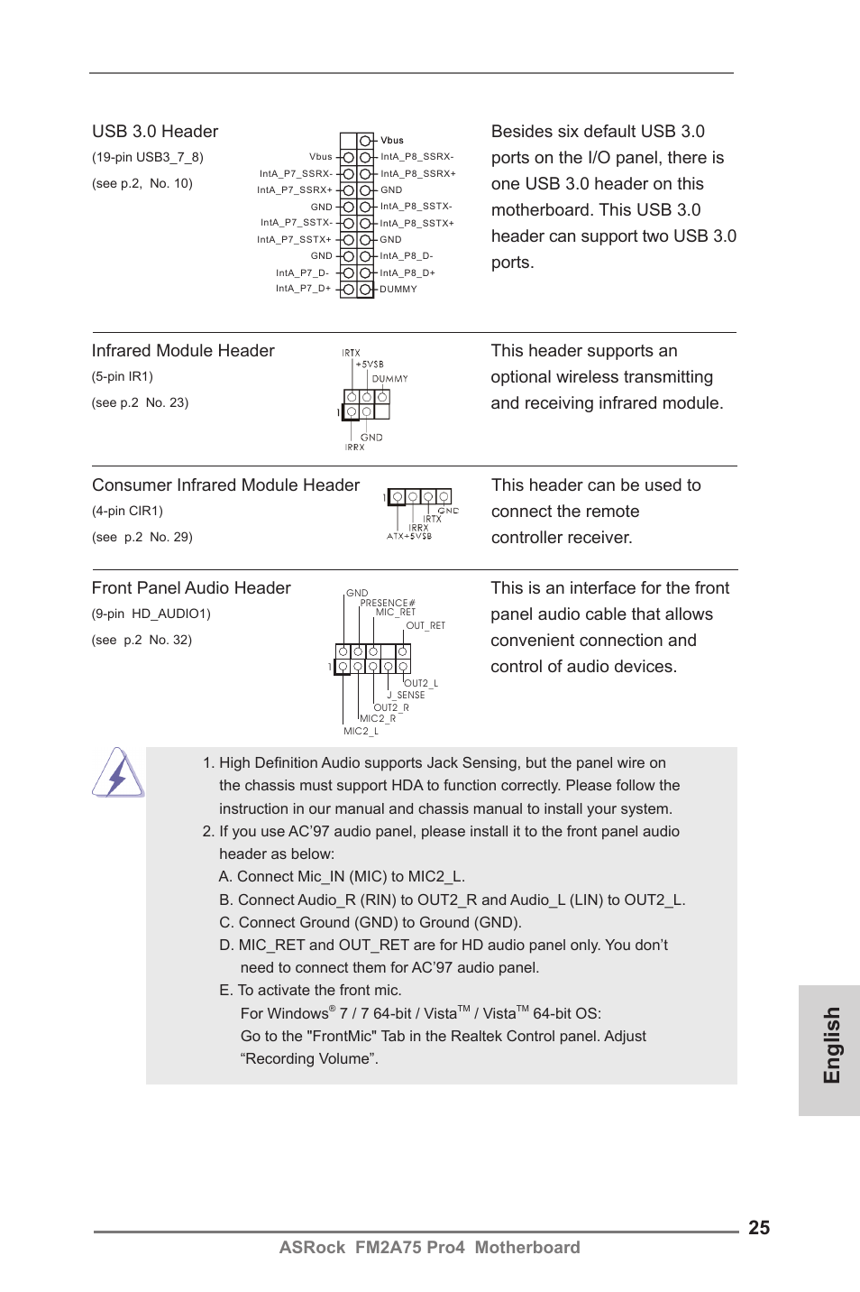 English, Asrock fm2a75 pro4 motherboard, Infrared module header this header supports an | Optional wireless transmitting, Panel audio cable that allows, Connect the remote, Controller receiver, Usb 3.0 header besides six default usb 3.0, Ports on the i/o panel, there is | ASRock FM2A75 Pro4 User Manual | Page 25 / 171