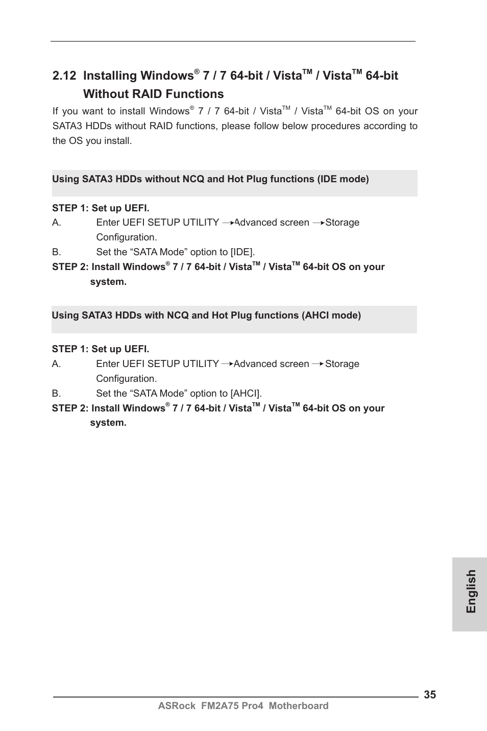 English, 12 installing windows, 7 / 7 64-bit / vista | Vista, Bit without raid functions | ASRock FM2A75 Pro4 User Manual | Page 35 / 171