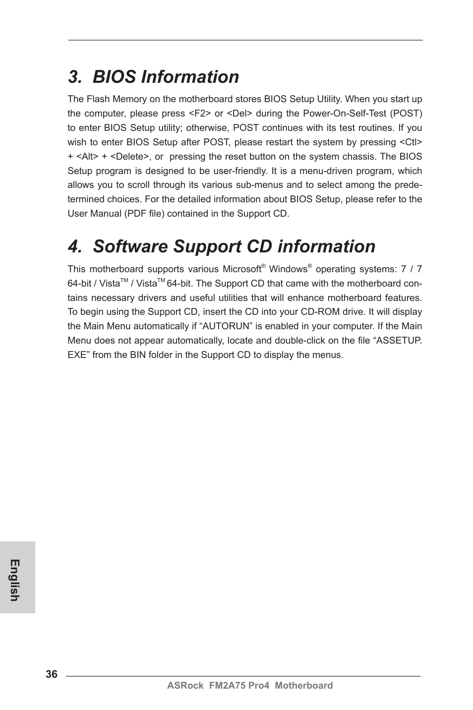 Bios information, Software support cd information, English | ASRock FM2A75 Pro4 User Manual | Page 36 / 171