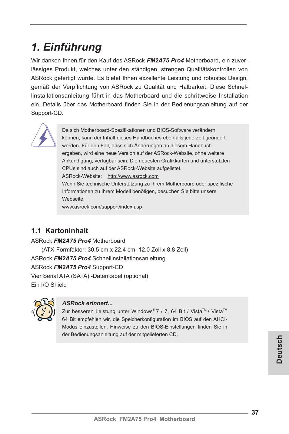 German, Einführung, 1 kartoninhalt | Deutsch | ASRock FM2A75 Pro4 User Manual | Page 37 / 171