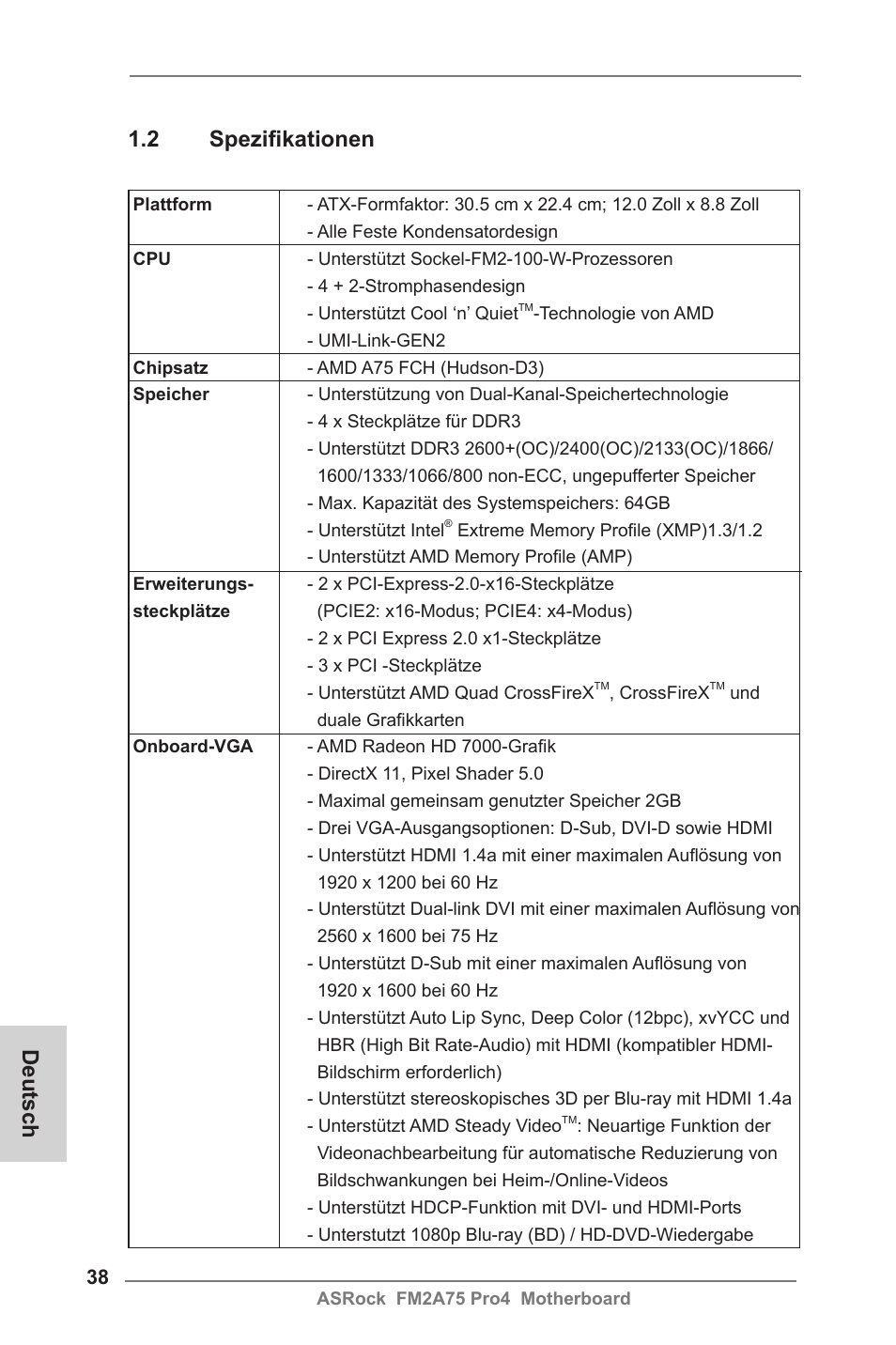 Deutsch 1.2 spezifikationen | ASRock FM2A75 Pro4 User Manual | Page 38 / 171