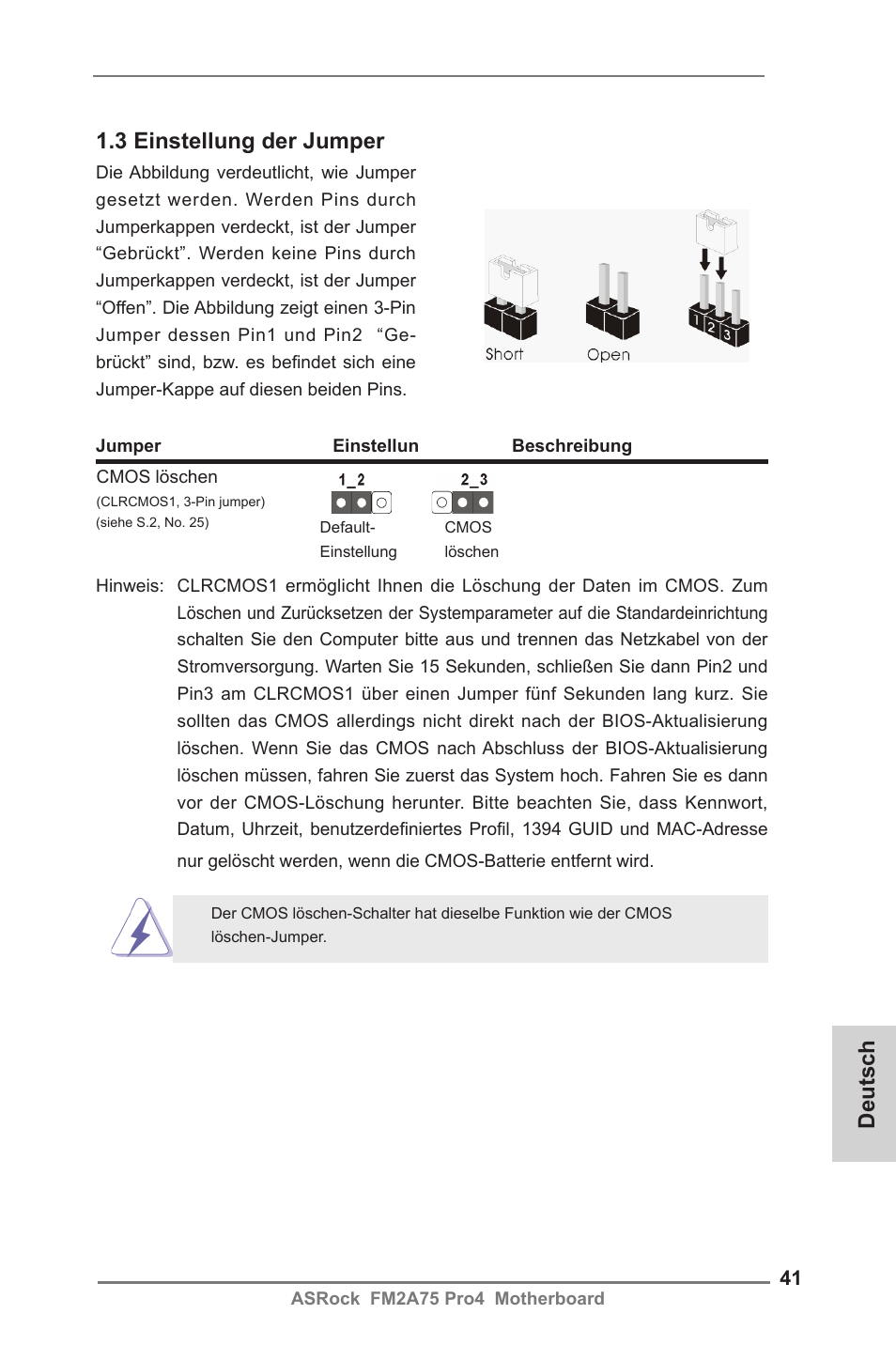 Deutsch 1.3 einstellung der jumper | ASRock FM2A75 Pro4 User Manual | Page 41 / 171