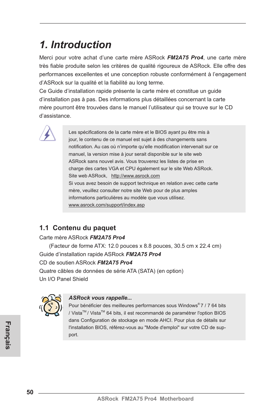 French, Introduction, 1 contenu du paquet | Français | ASRock FM2A75 Pro4 User Manual | Page 50 / 171