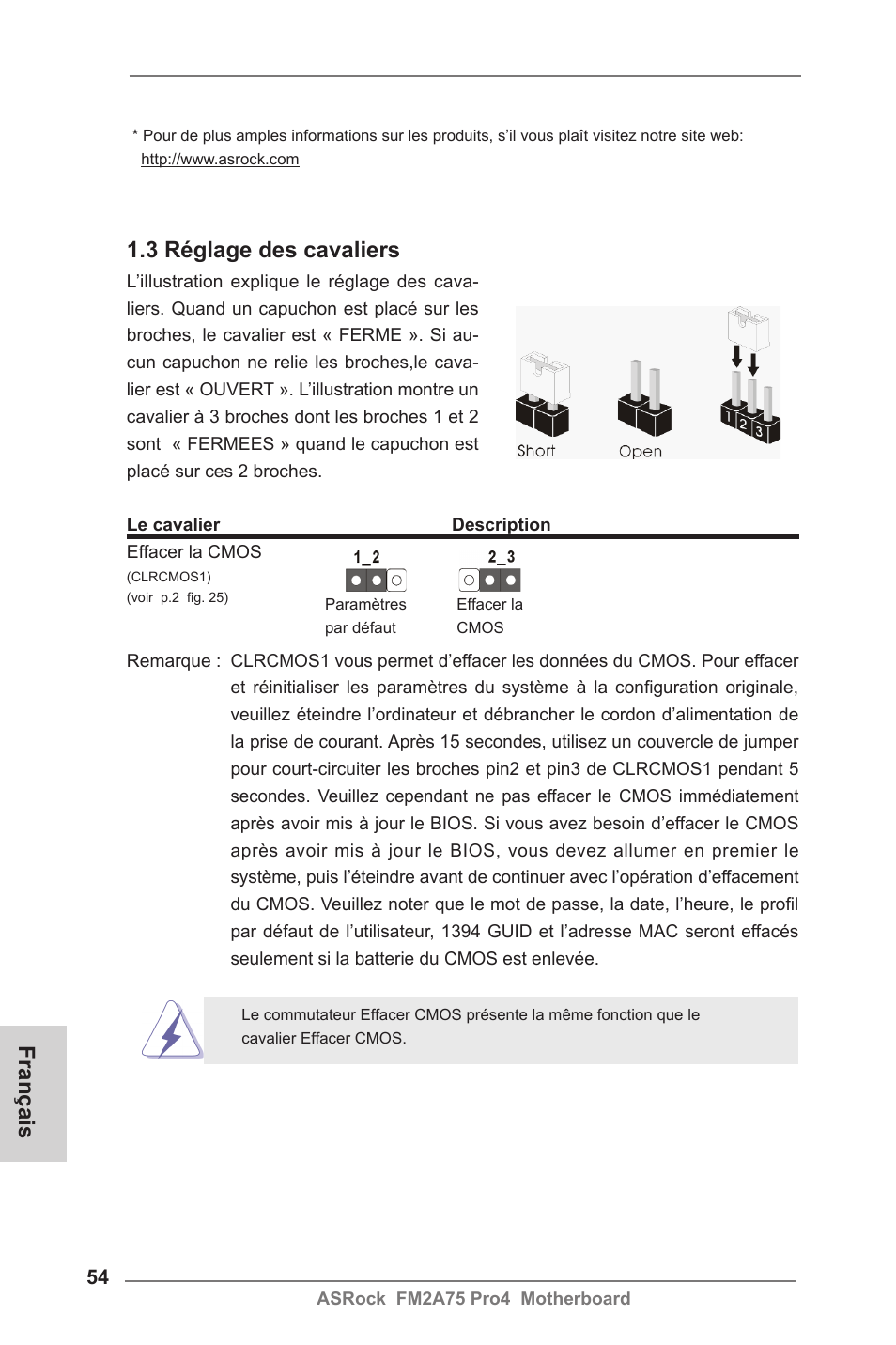 Français 1.3 réglage des cavaliers | ASRock FM2A75 Pro4 User Manual | Page 54 / 171