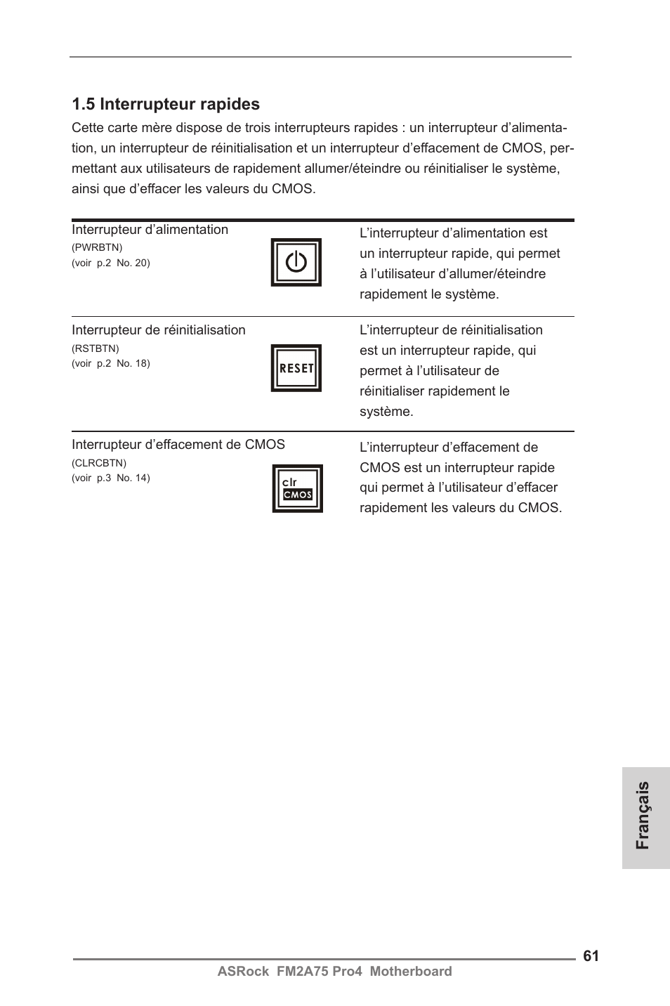 Français 1.5 interrupteur rapides | ASRock FM2A75 Pro4 User Manual | Page 61 / 171