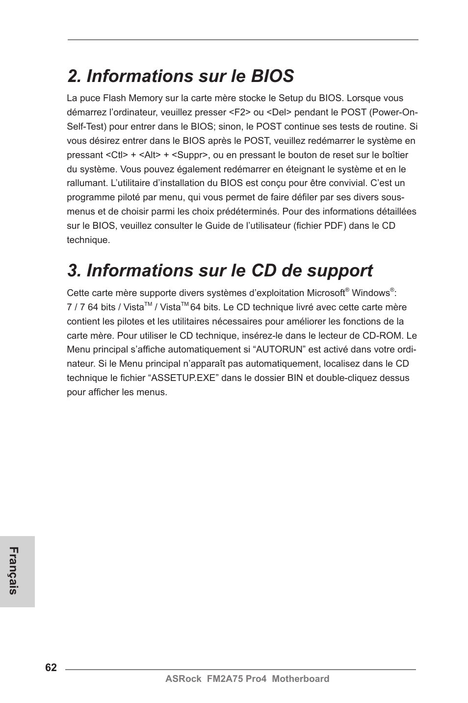 Informations sur le bios, Informations sur le cd de support, Français | ASRock FM2A75 Pro4 User Manual | Page 62 / 171