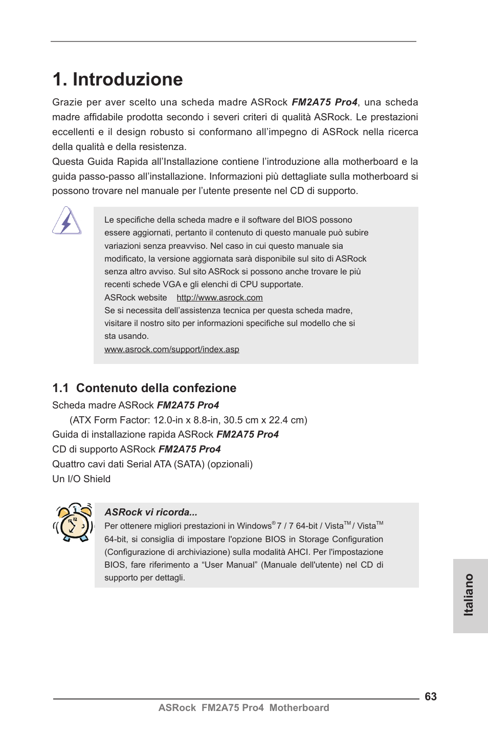 Italian, Introduzione, Italiano | 1 contenuto della confezione | ASRock FM2A75 Pro4 User Manual | Page 63 / 171