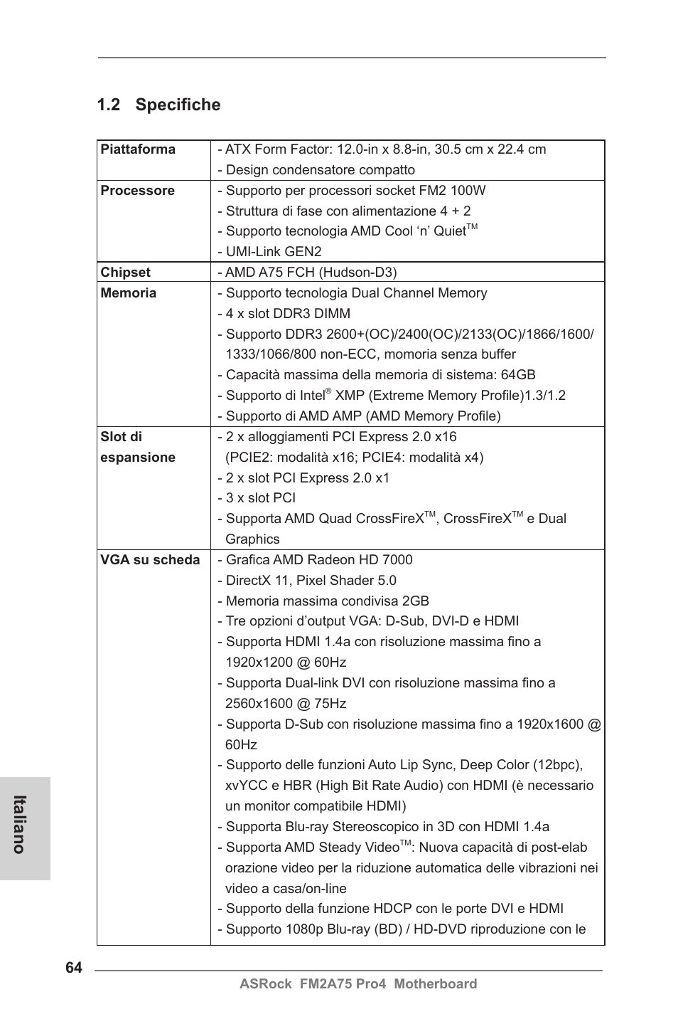 Italiano 1.2 specifiche | ASRock FM2A75 Pro4 User Manual | Page 64 / 171