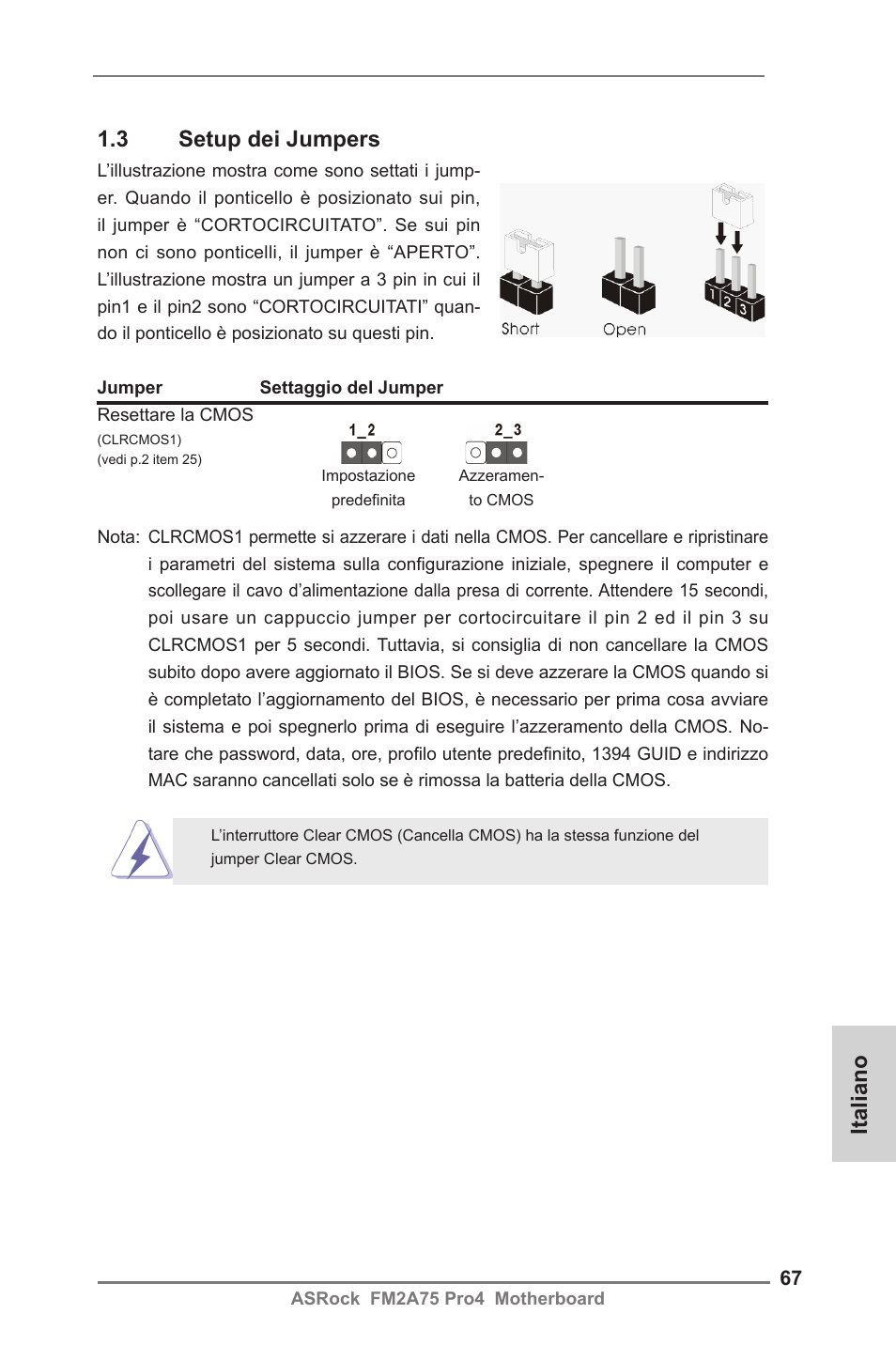 Italiano 1.3 setup dei jumpers | ASRock FM2A75 Pro4 User Manual | Page 67 / 171