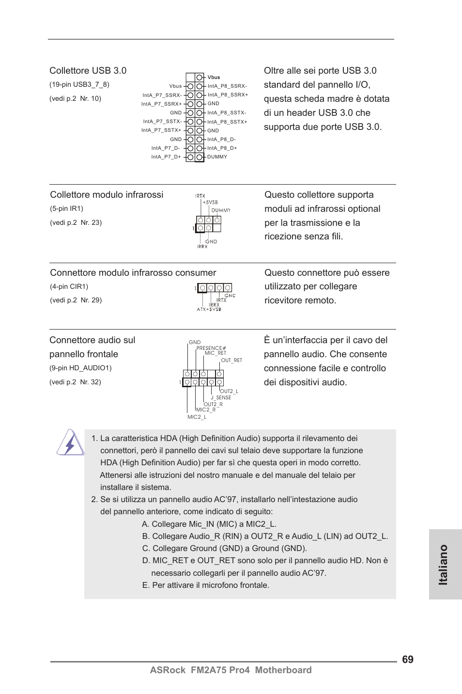 Italiano, Asrock fm2a75 pro4 motherboard, Connessione facile e controllo | Dei dispositivi audio, Utilizzato per collegare, Moduli ad infrarossi optional, Per la trasmissione e la ricezione senza fili, Collettore usb 3.0 oltre alle sei porte usb 3.0, Standard del pannello i/o | ASRock FM2A75 Pro4 User Manual | Page 69 / 171