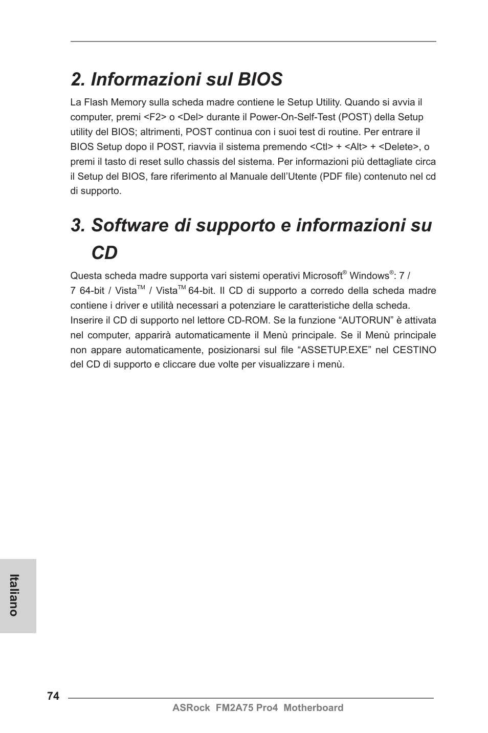 Informazioni sul bios, Software di supporto e informazioni su cd, Italiano | ASRock FM2A75 Pro4 User Manual | Page 74 / 171