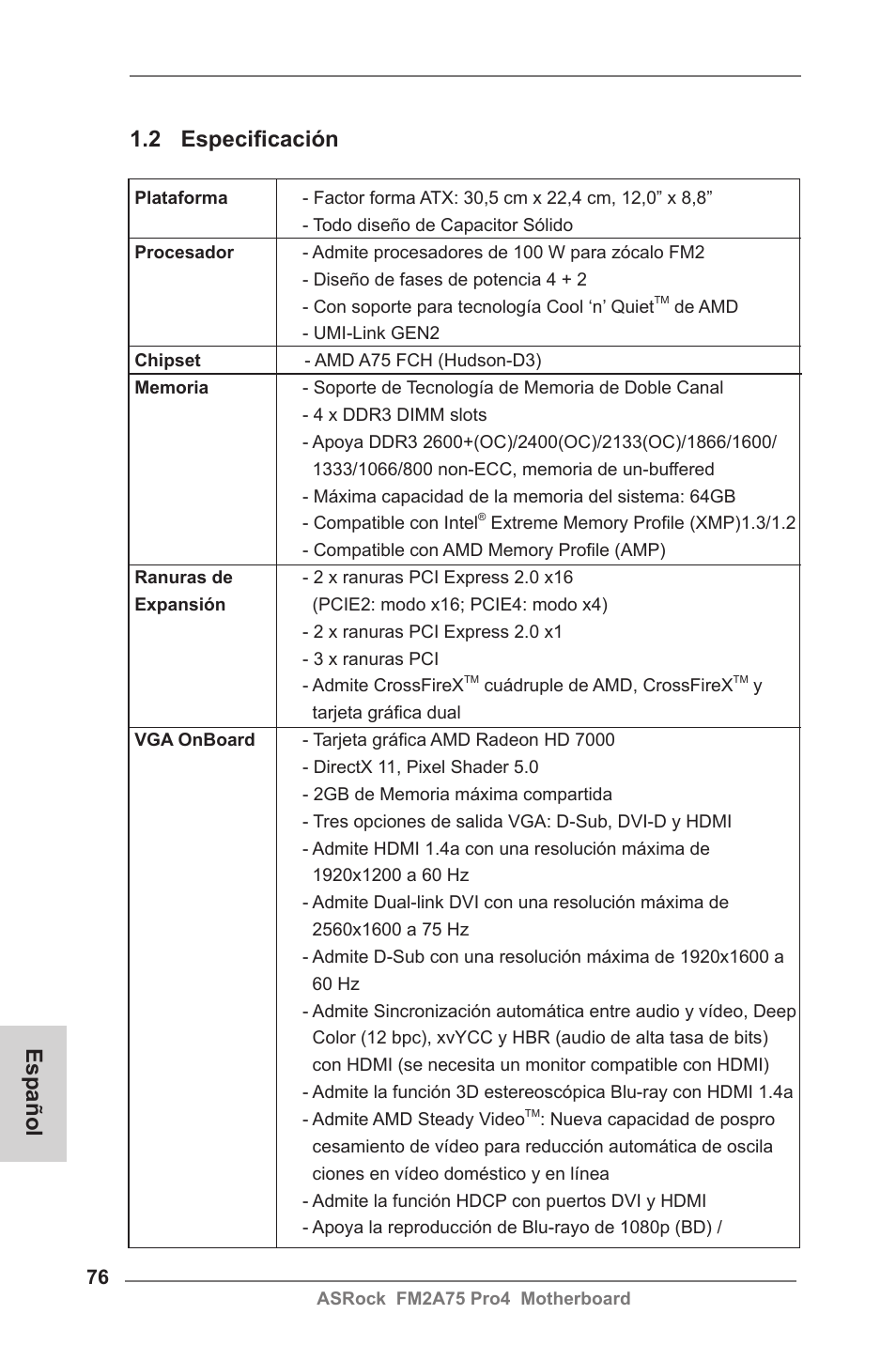 2 especificación, Español | ASRock FM2A75 Pro4 User Manual | Page 76 / 171