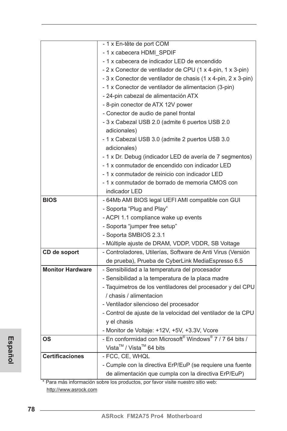 Español | ASRock FM2A75 Pro4 User Manual | Page 78 / 171