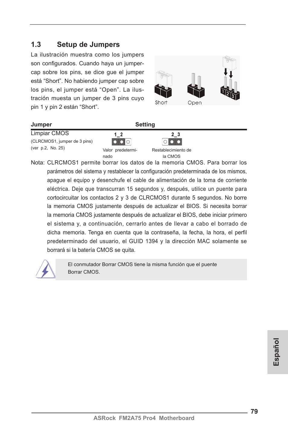 3 setup de jumpers, Español | ASRock FM2A75 Pro4 User Manual | Page 79 / 171