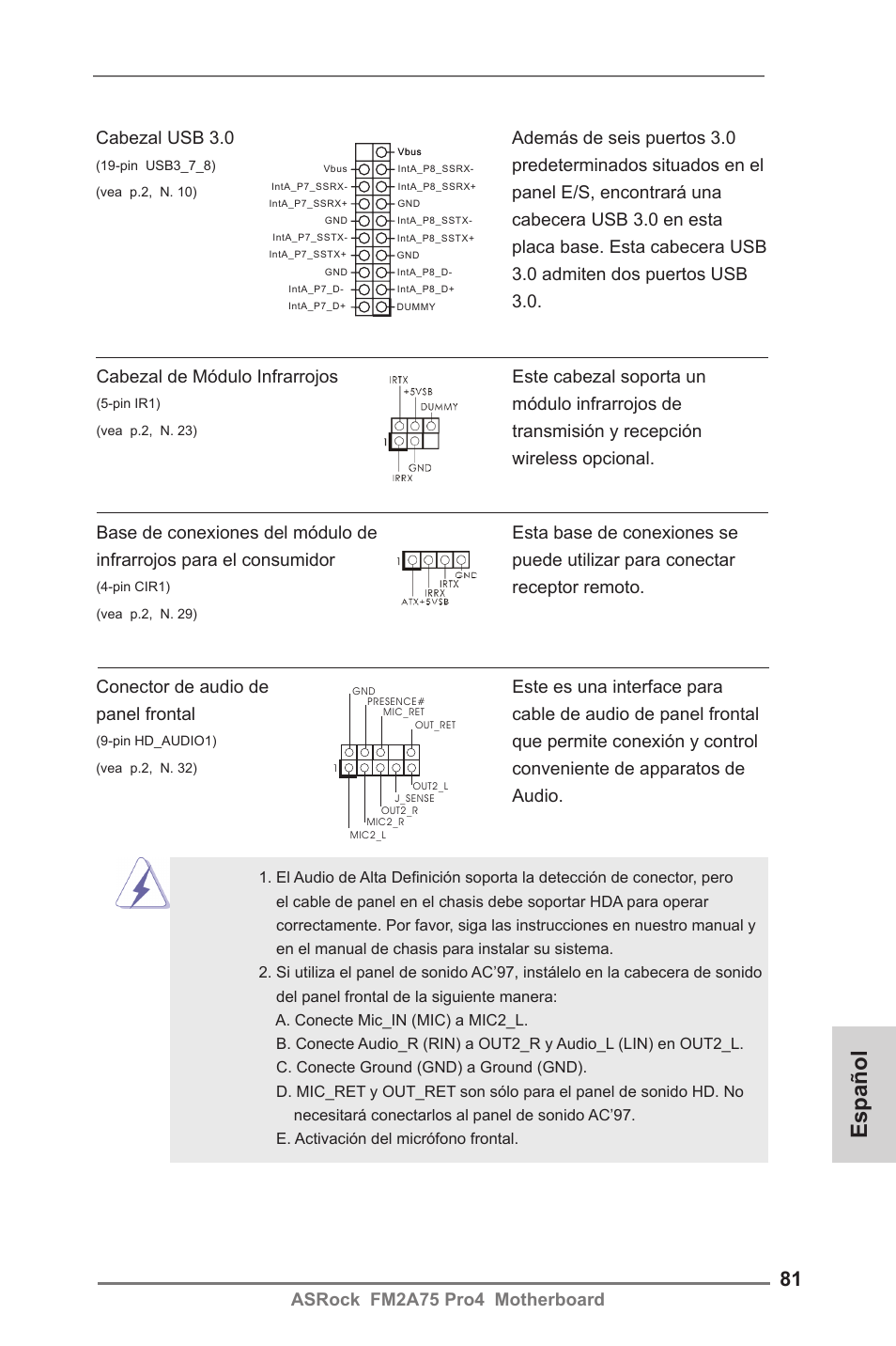 Español, Módulo infrarrojos de, Que permite conexión y control | Receptor remoto, Cabezal usb 3.0 además de seis puertos 3.0, Predeterminados situados en el | ASRock FM2A75 Pro4 User Manual | Page 81 / 171