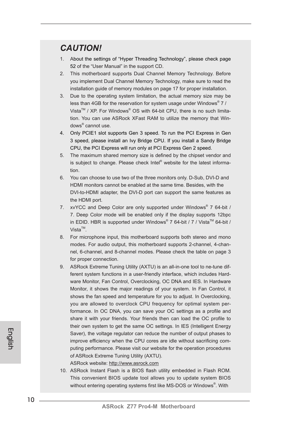 Caution, English, Asrock z77 pro4-m motherboard | ASRock Z77 Pro4-M User Manual | Page 10 / 230