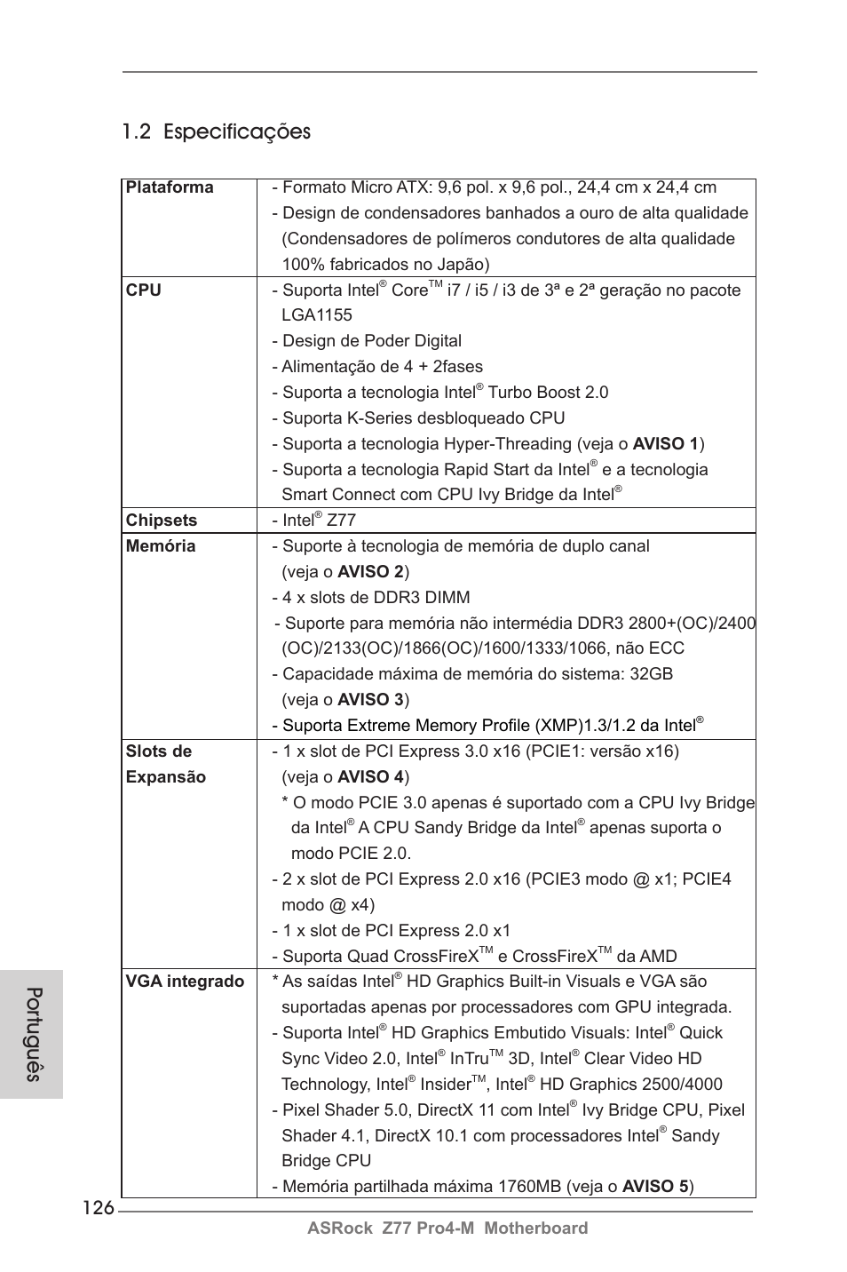 Por tuguês 1.2 especificações | ASRock Z77 Pro4-M User Manual | Page 126 / 230