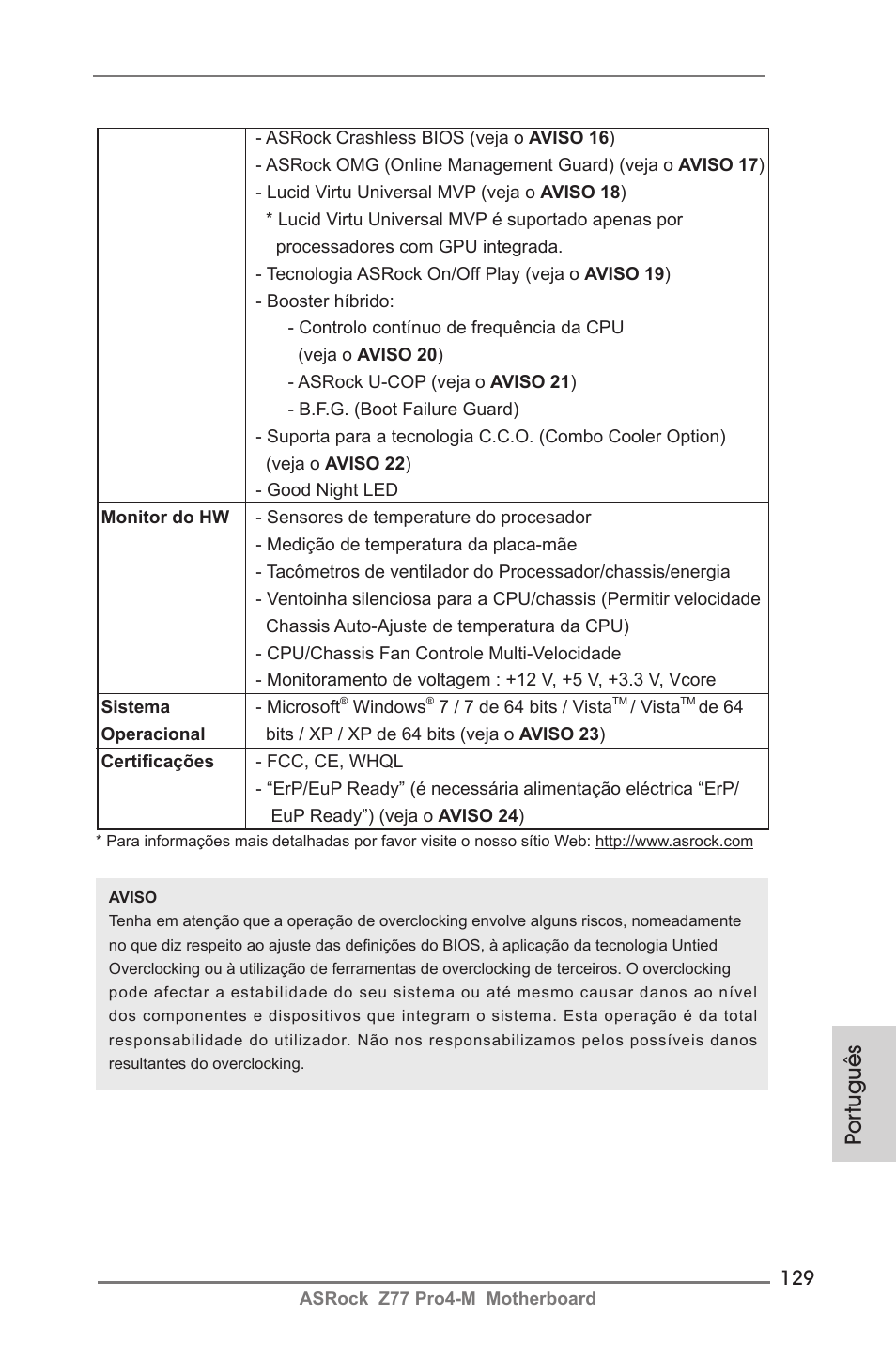 Por tuguês | ASRock Z77 Pro4-M User Manual | Page 129 / 230