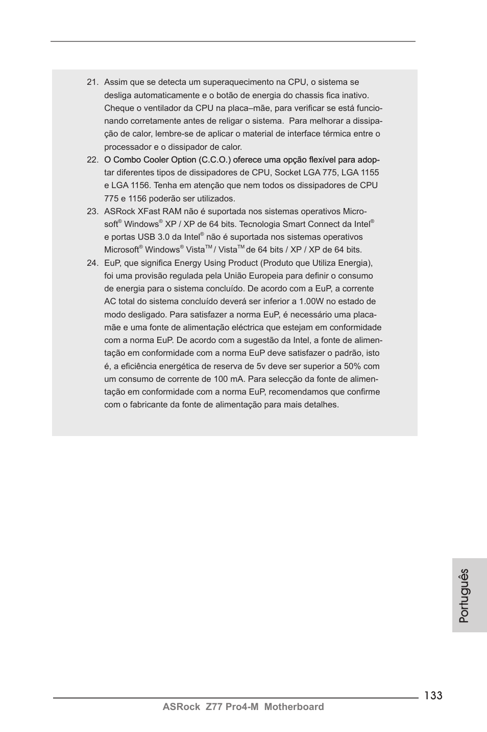 Por tuguês, Asrock z77 pro4-m motherboard | ASRock Z77 Pro4-M User Manual | Page 133 / 230
