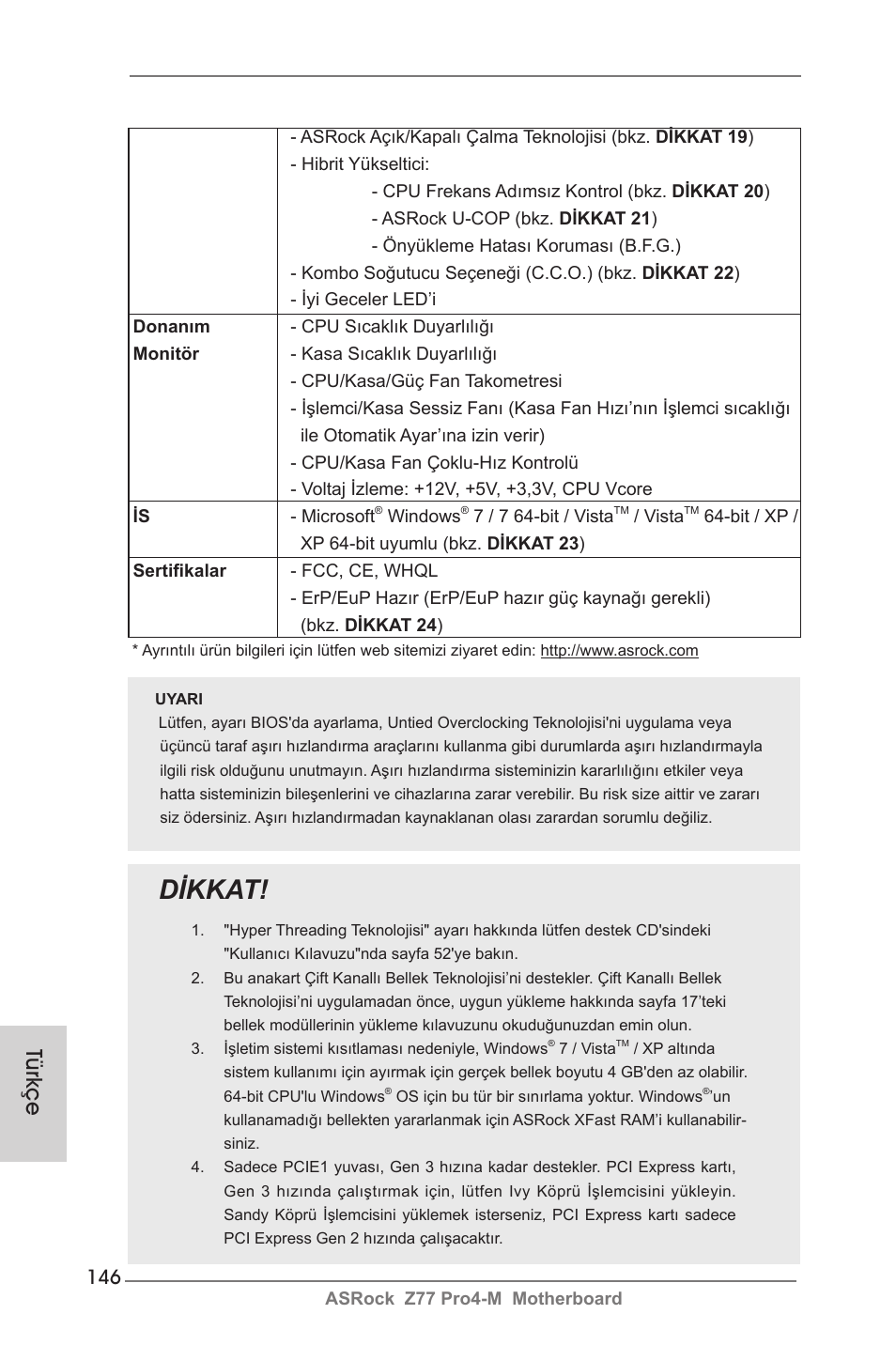 Dikkat, Türkçe | ASRock Z77 Pro4-M User Manual | Page 146 / 230