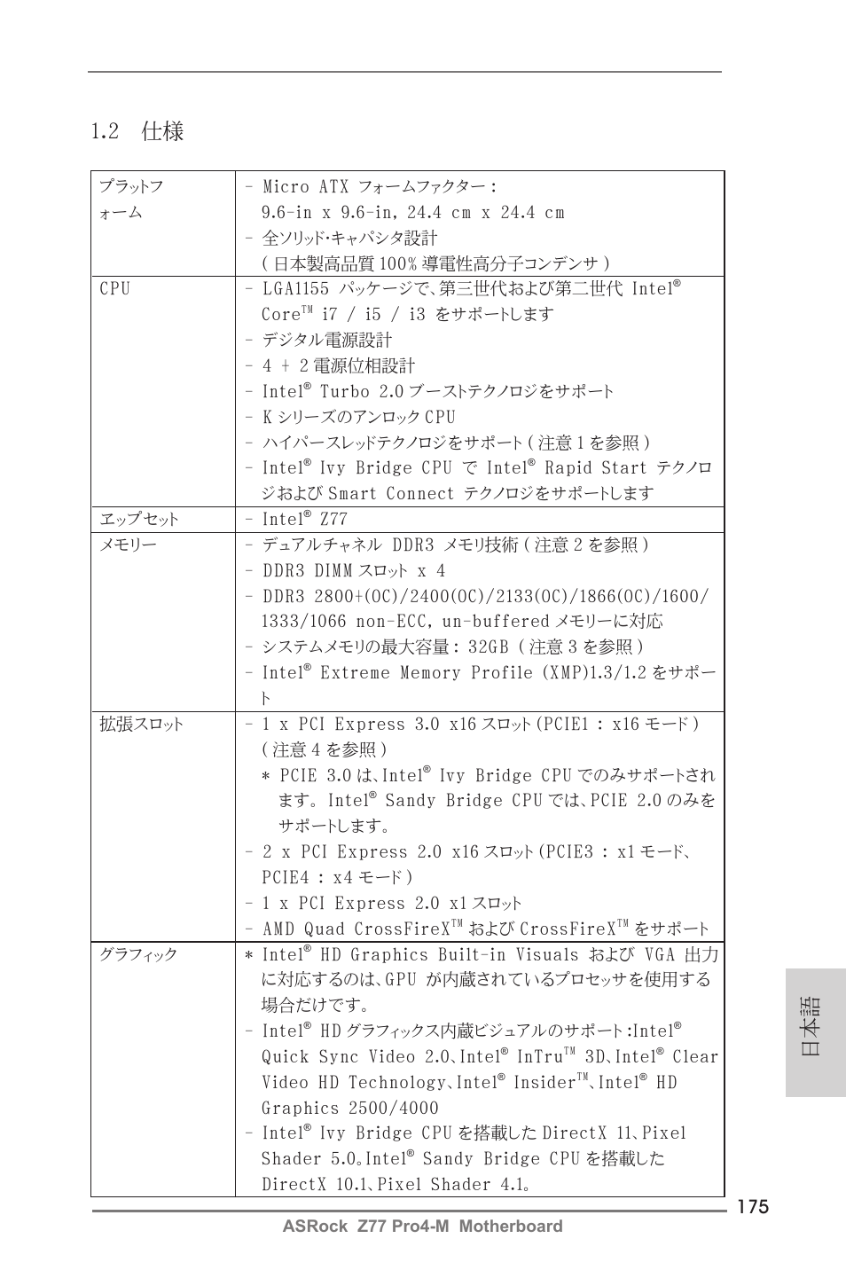 日本語 1.2 仕様 | ASRock Z77 Pro4-M User Manual | Page 175 / 230