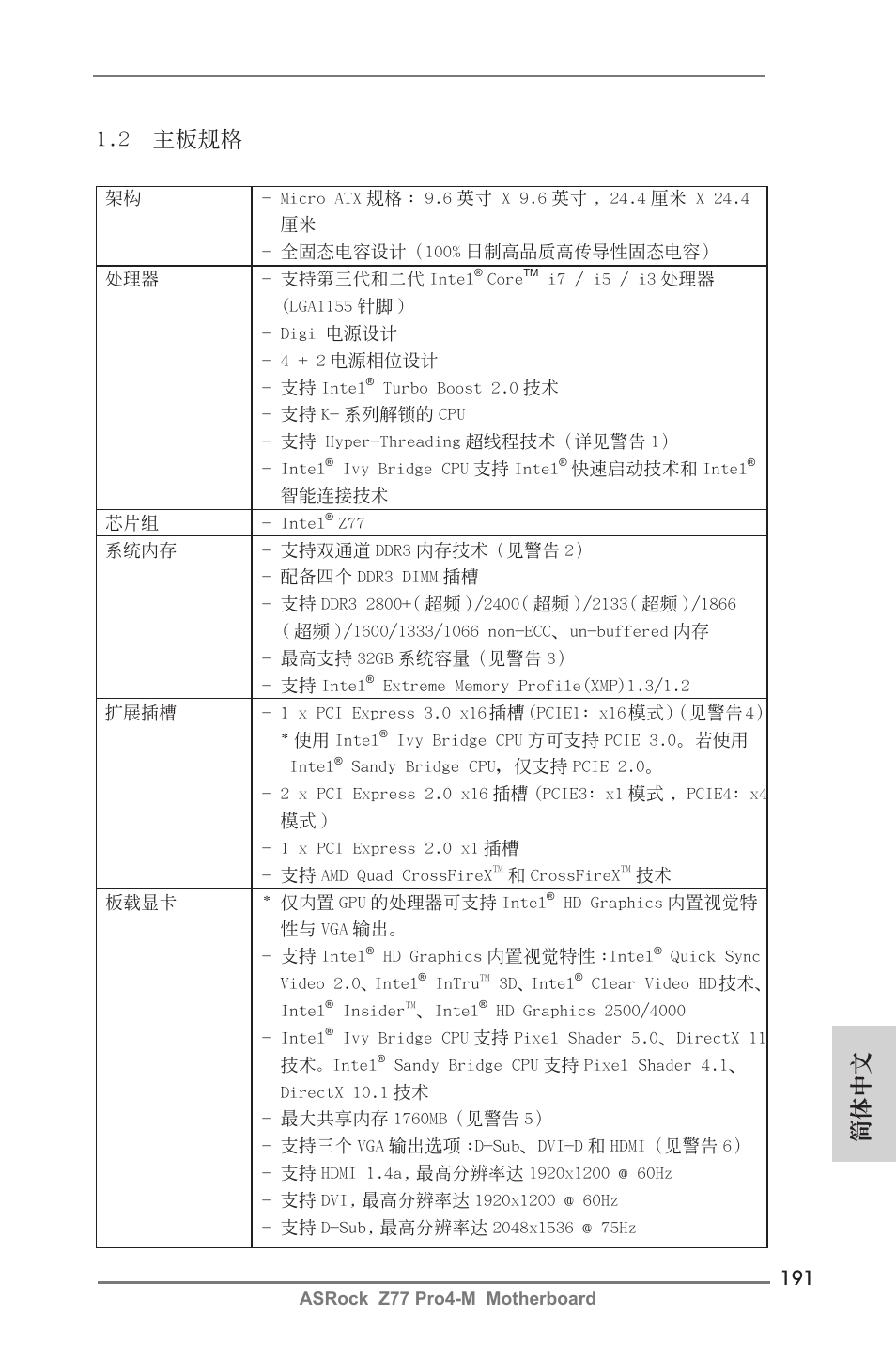 簡體中文 1.2 主板規格 | ASRock Z77 Pro4-M User Manual | Page 191 / 230