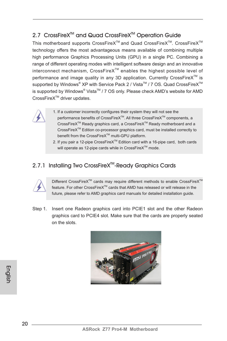 English, 7 crossfirex, And quad crossfirex | Operation guide, 1 installing two crossfirex, Ready graphics cards | ASRock Z77 Pro4-M User Manual | Page 20 / 230