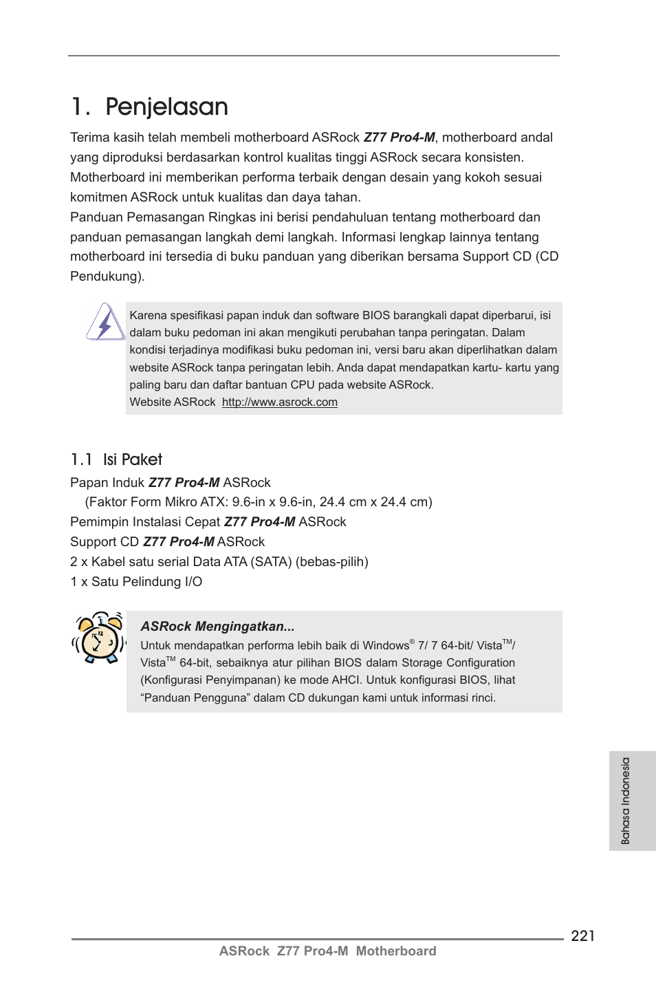 Indonesian, Penjelasan, 1 isi paket | ASRock Z77 Pro4-M User Manual | Page 221 / 230