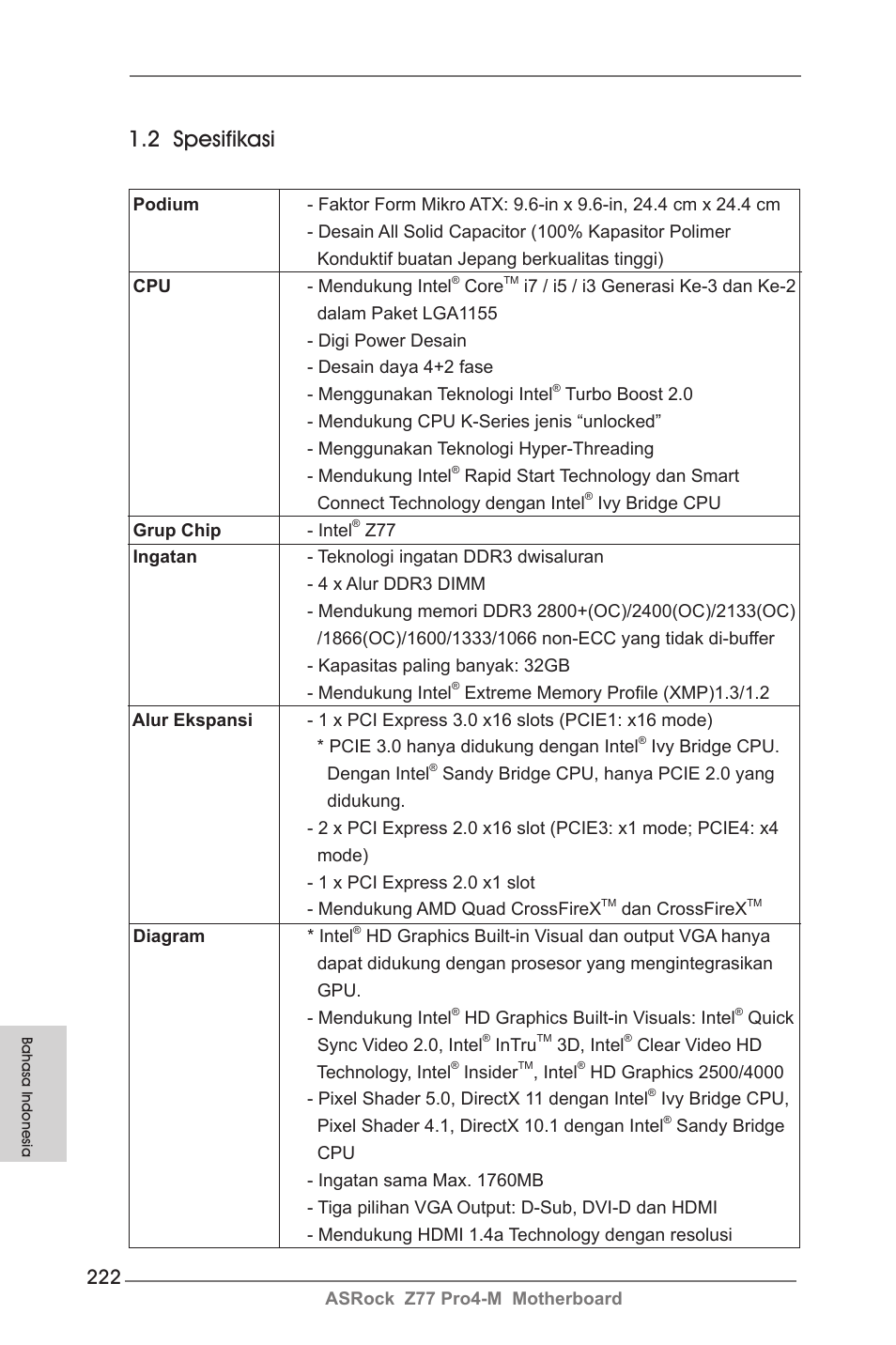2 spesifikasi | ASRock Z77 Pro4-M User Manual | Page 222 / 230