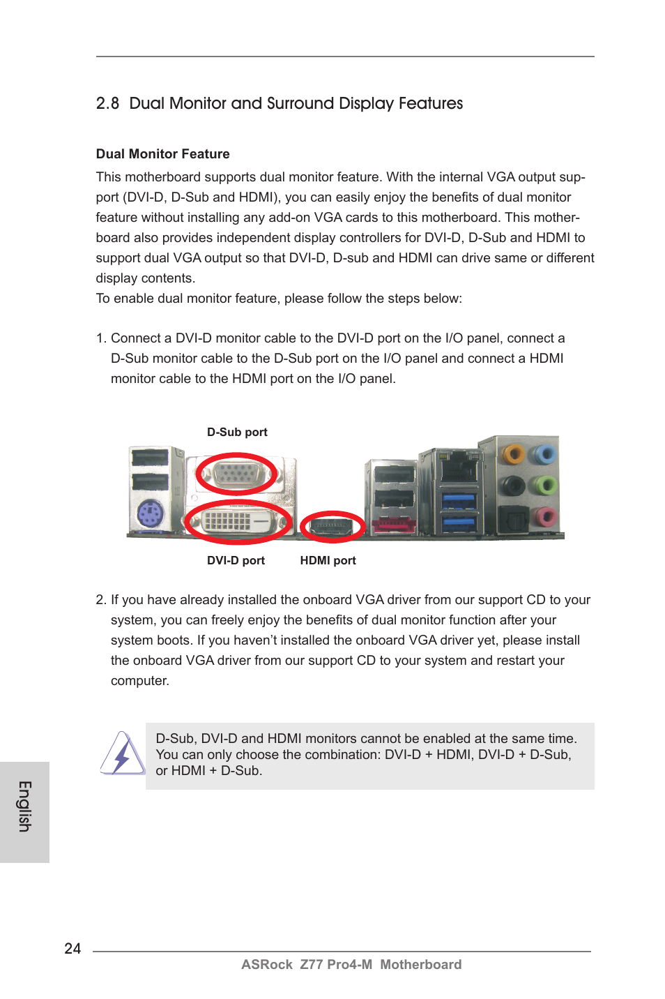 English, 8 dual monitor and surround display features | ASRock Z77 Pro4-M User Manual | Page 24 / 230