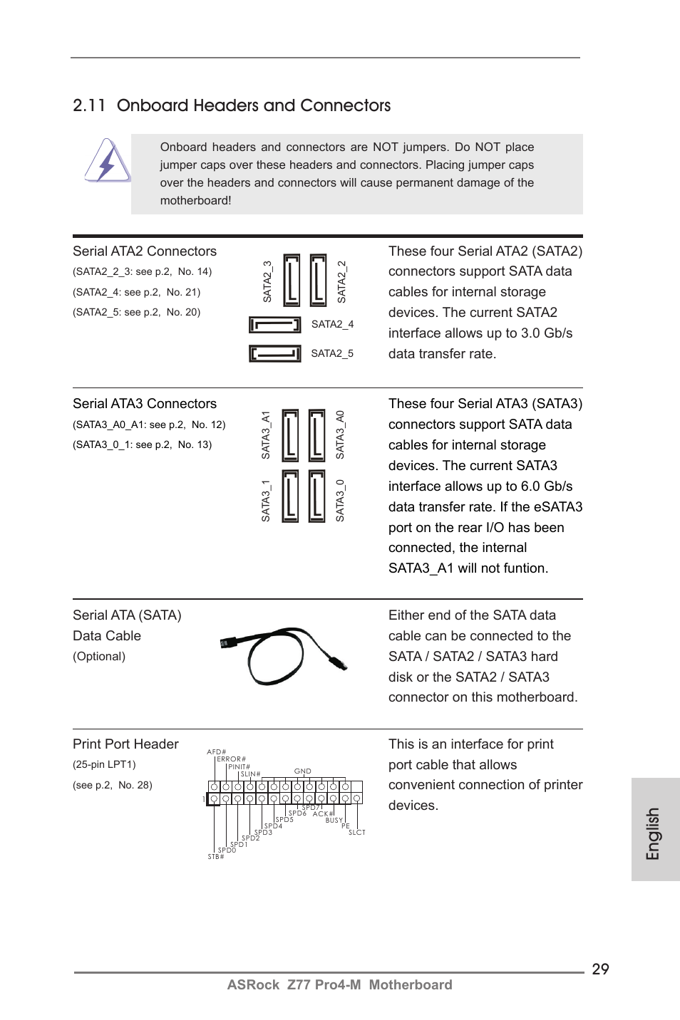 English 2.11 onboard headers and connectors | ASRock Z77 Pro4-M User Manual | Page 29 / 230