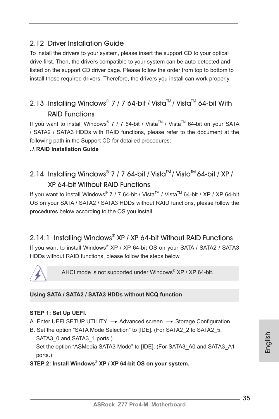 English 2.12 driver installation guide, 13 installing windows, 7 / 7 64-bit / vista | Vista, Bit with raid functions, 14 installing windows, Bit / xp / xp 64-bit without raid functions, 1 installing windows, Xp / xp 64-bit without raid functions | ASRock Z77 Pro4-M User Manual | Page 35 / 230