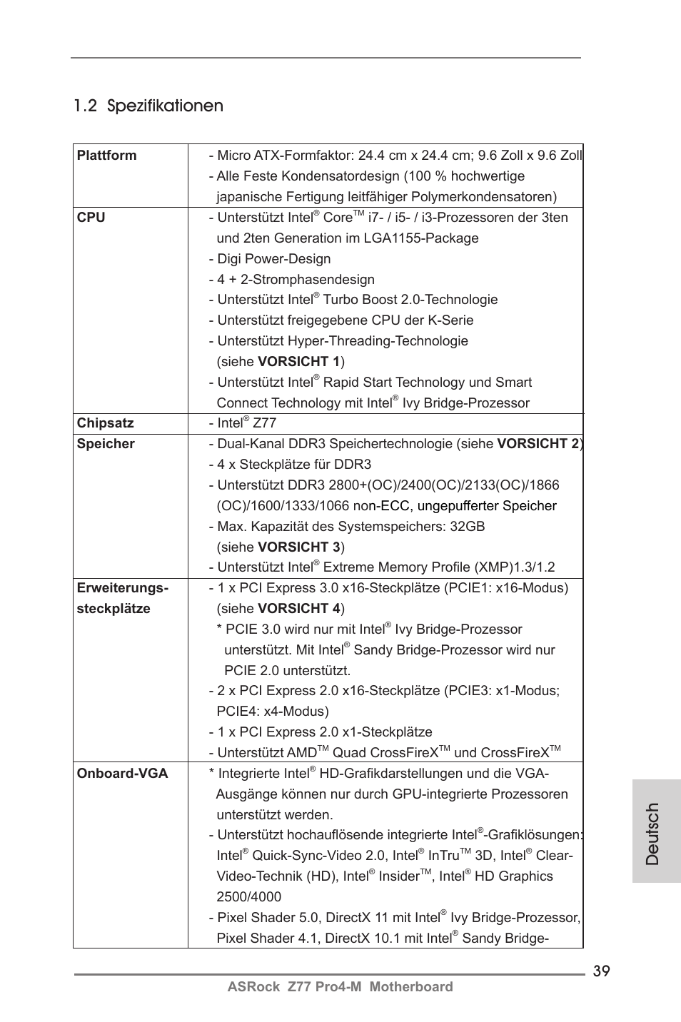 Deutsch 1.2 spezifikationen | ASRock Z77 Pro4-M User Manual | Page 39 / 230