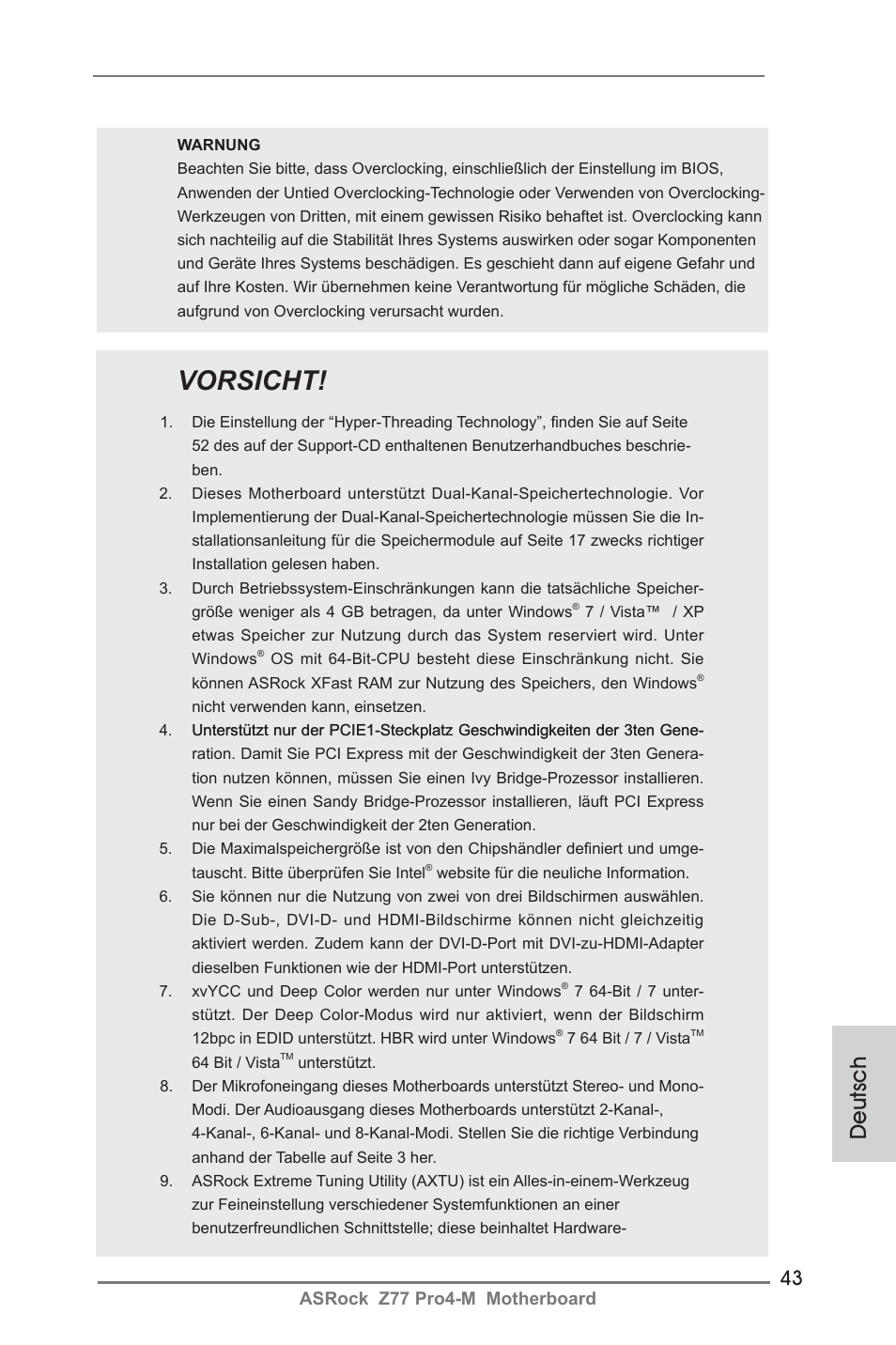 Vorsicht, Deutsch | ASRock Z77 Pro4-M User Manual | Page 43 / 230