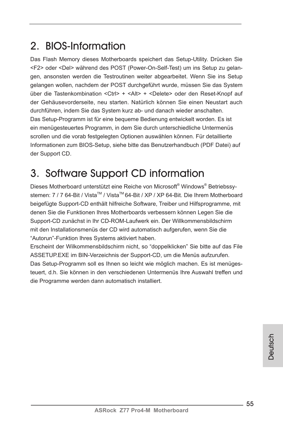 Bios-information, Software support cd information, Deutsch | ASRock Z77 Pro4-M User Manual | Page 55 / 230