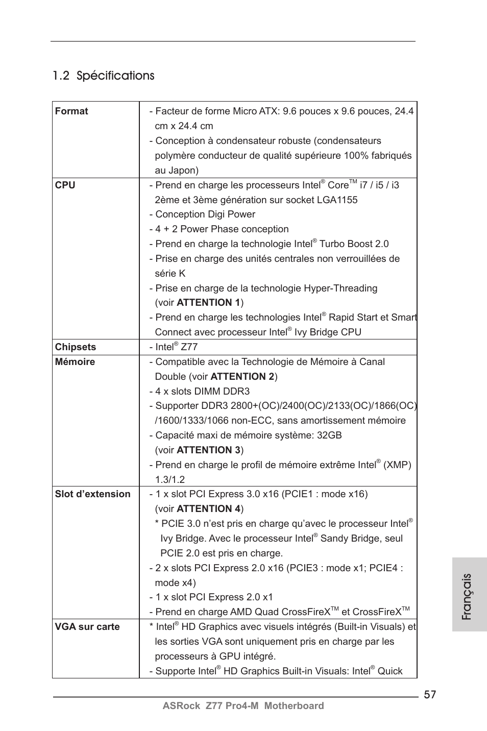 Français 1.2 spécifications | ASRock Z77 Pro4-M User Manual | Page 57 / 230