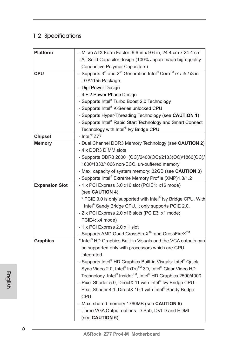 English 1.2 specifications | ASRock Z77 Pro4-M User Manual | Page 6 / 230